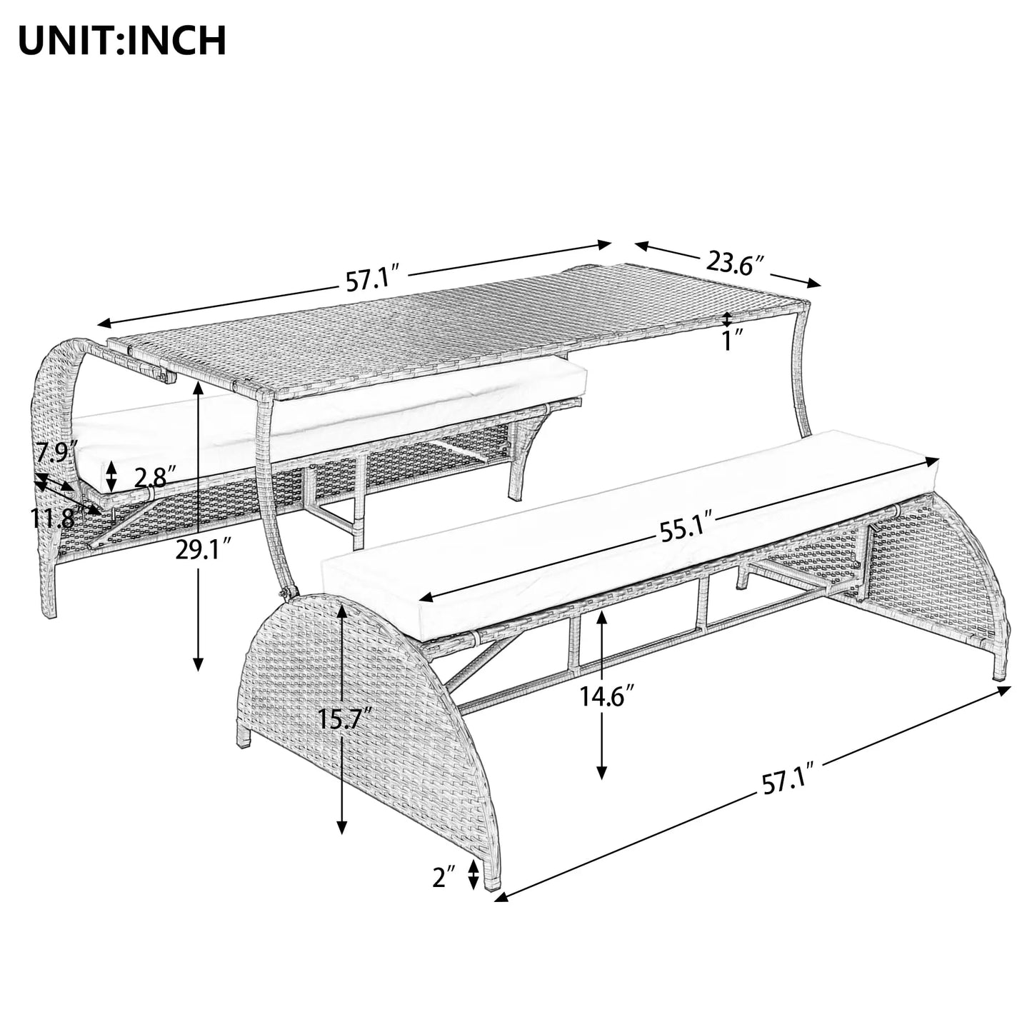 Outdoor Rattan Loveseat Convertible Picnic Bench Table