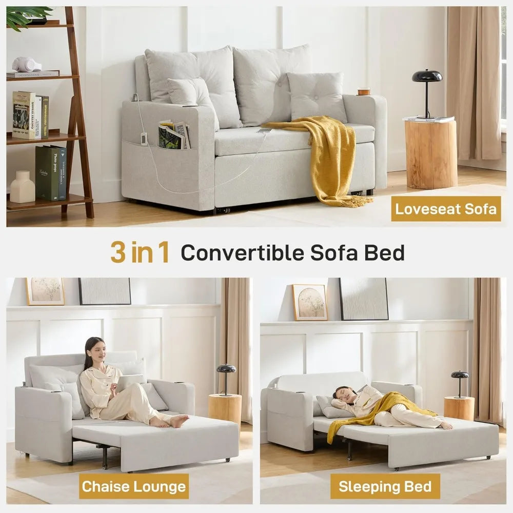 3 in 1 Convertible Sofa Bed with Storage Pocket and USB Comfy Loveseat