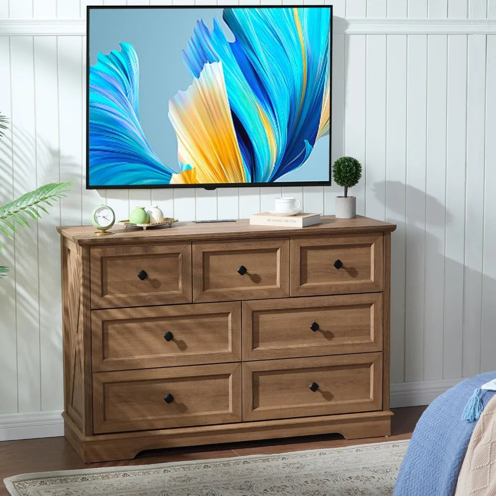 7 Drawer Farmhouse Dresser Chest with Charging Station for Modern Bedrooms