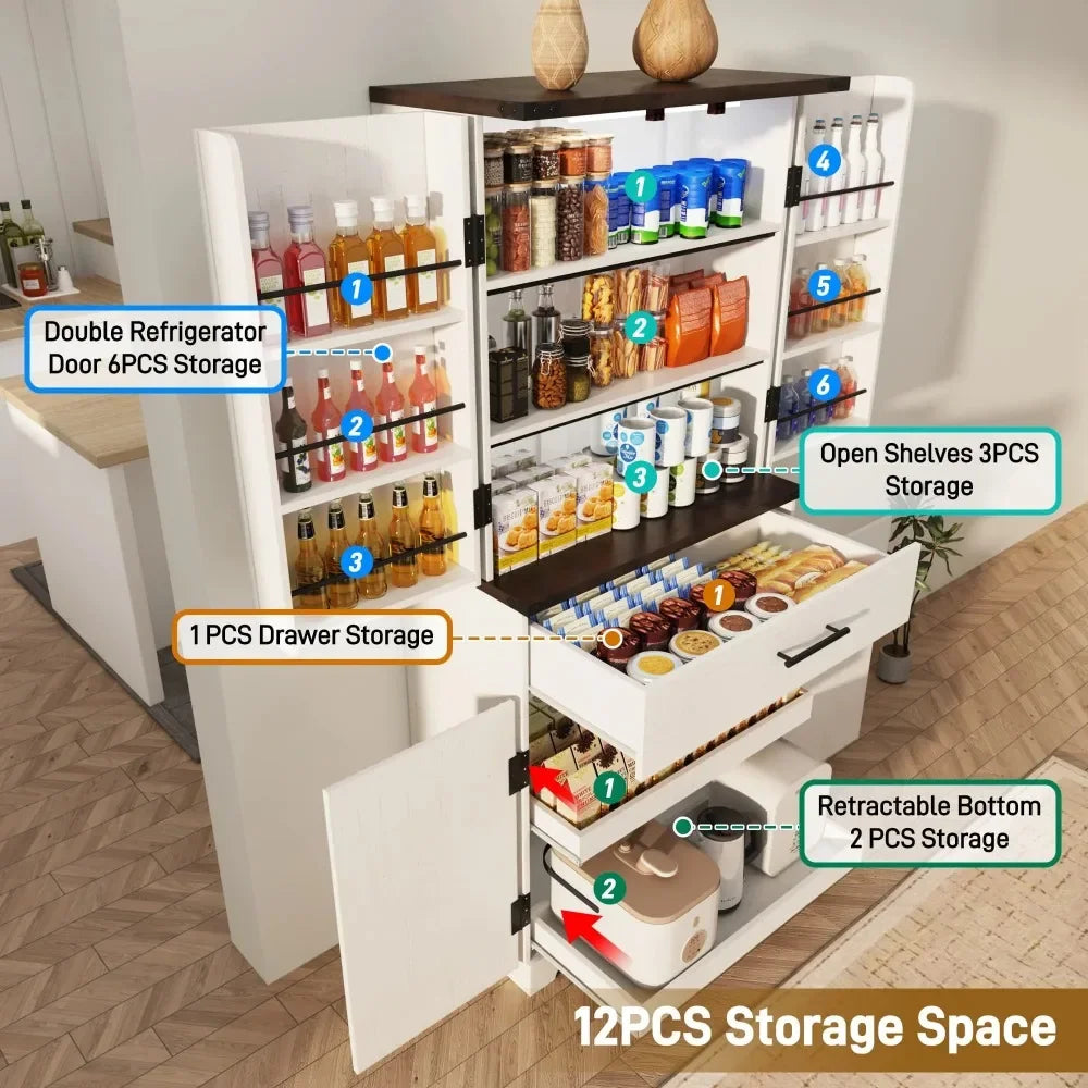 71 Inch Tall Fluted Kitchen Pantry Cabinet with LED Light and Ample Storage