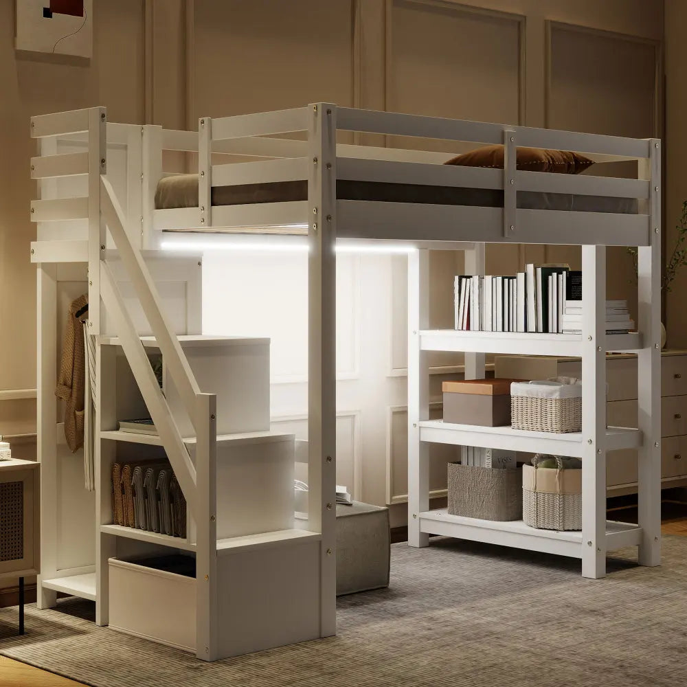 Wooden Loft Bed With Storage Staircase Integrated Wardrobe Light