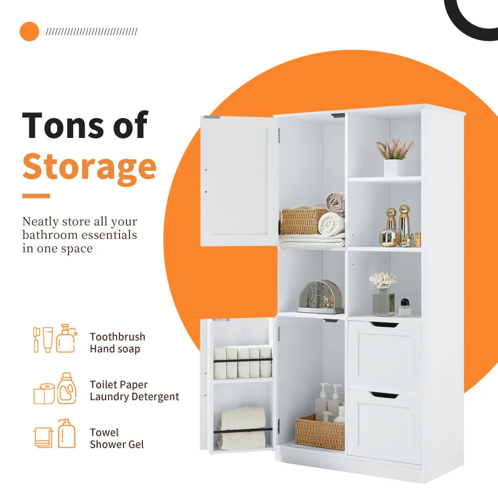 Bathroom Storage Cabinet With Doors, Drawers And Adjustable Shelves