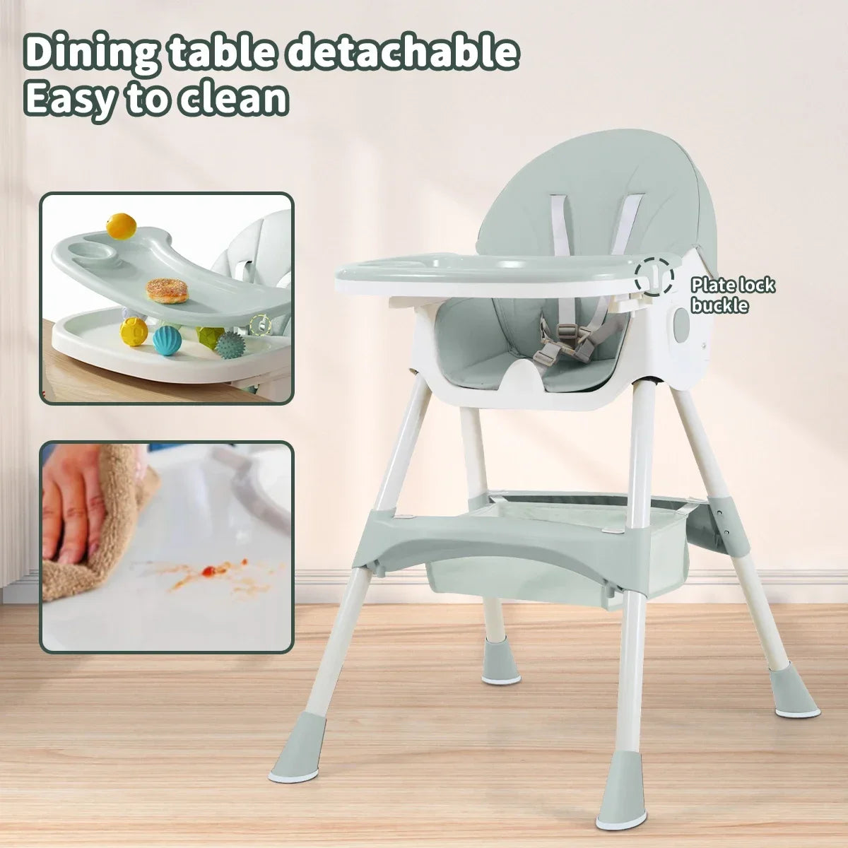 Foldable Children's Feeding Chair Adjustable Backrest High