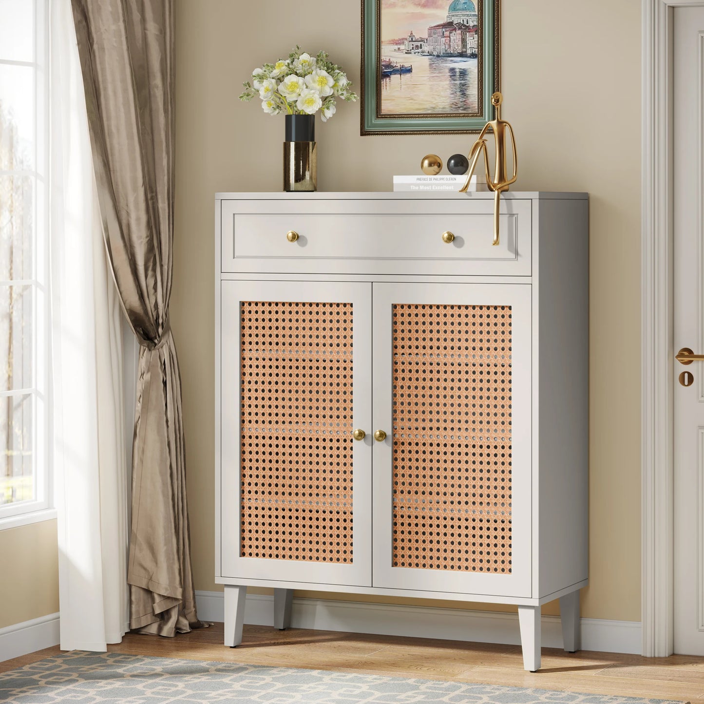 Tribesigns Mint Green Rattan Shoe Cabinet with Doors and Drawer for Entryway