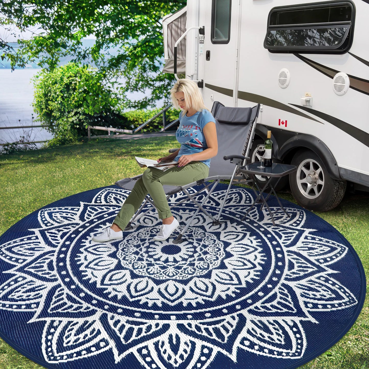 Round Outdoor Reversible Rug Waterproof Portable For Camping