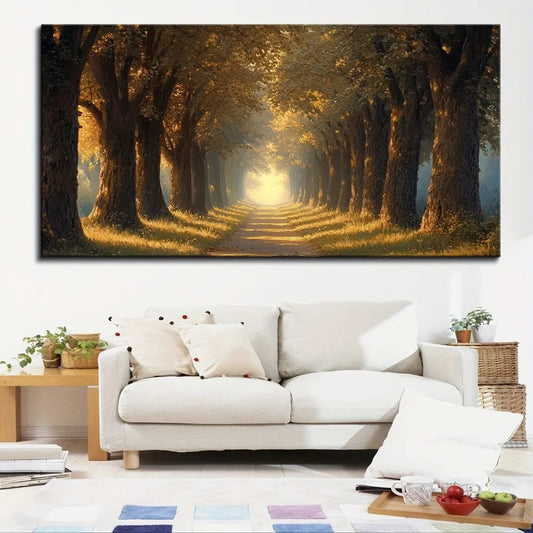 Hand-Painted Yellow Forest Art Autumn Landscape Oil Painting in Pine Frame