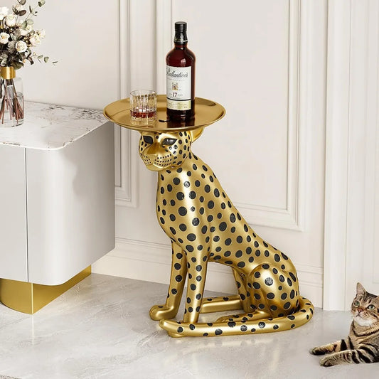 DAFIFY Animal Side Table With Tray Top Leopard Statue