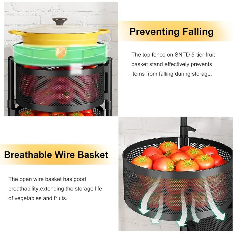 SNTD 5 Tier Rotating Storage Rack Cart with Metal Top Lid for Kitchen Organization