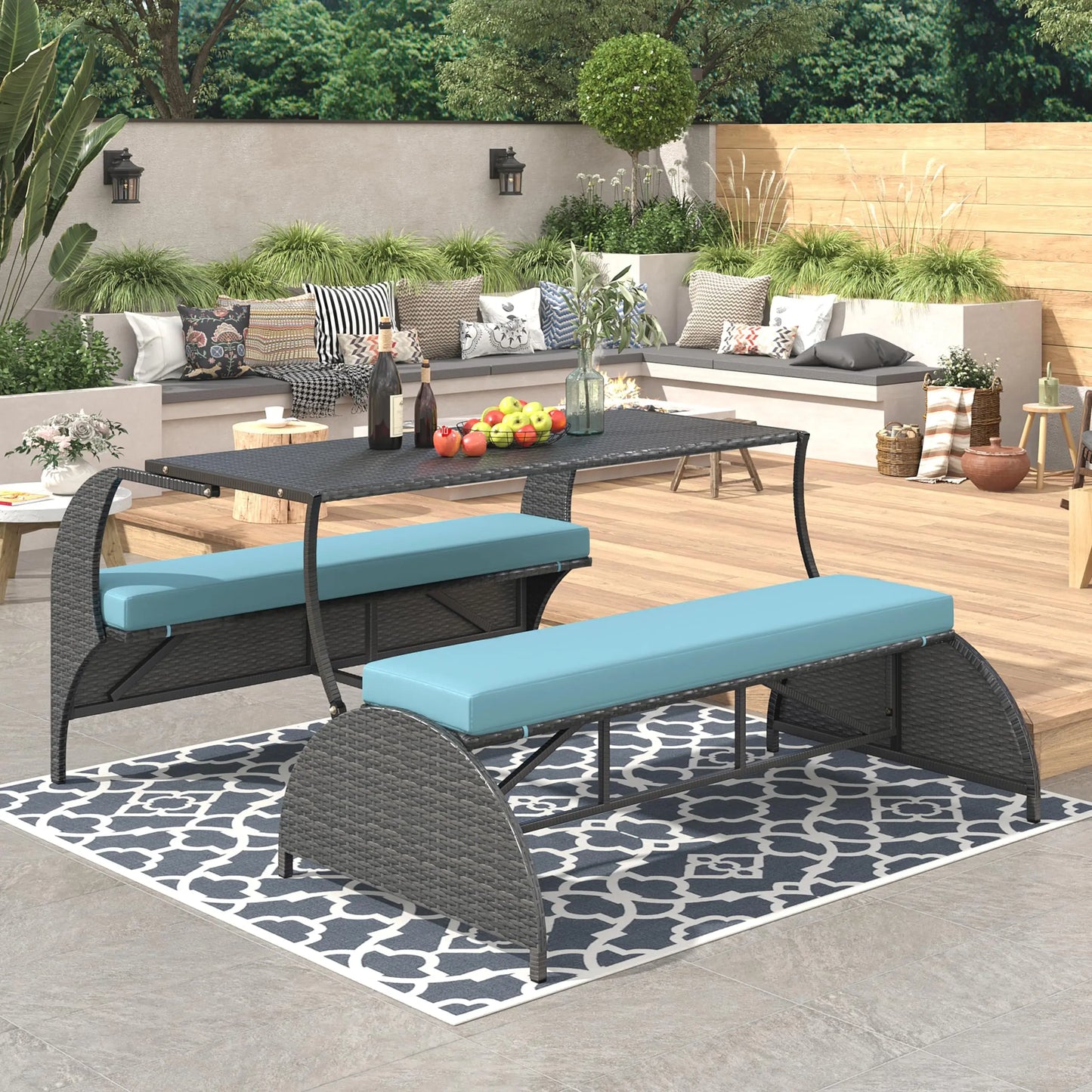 Outdoor Rattan Loveseat Convertible Picnic Bench Table