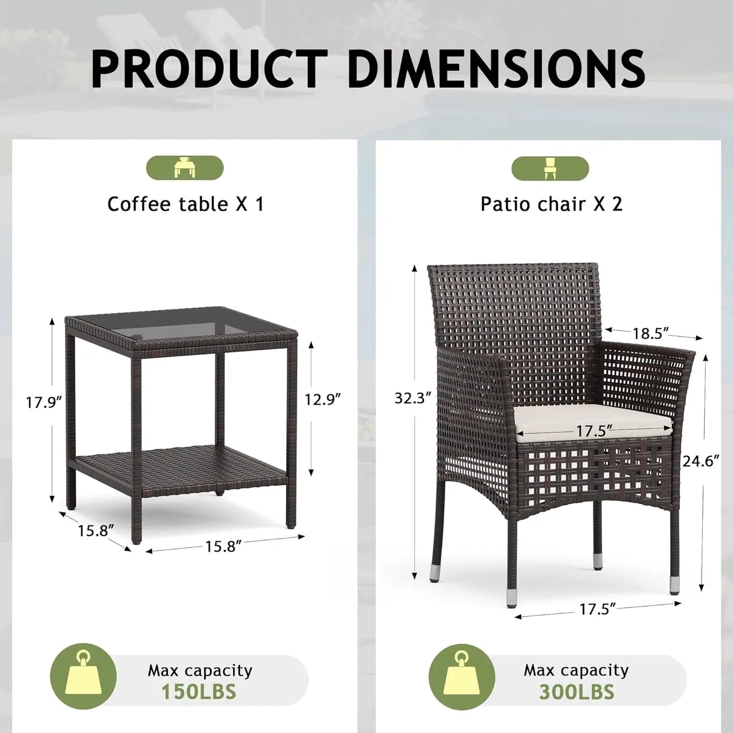 Outdoor Wicker 3 Piece Patio Set Glass Table Weatherproof