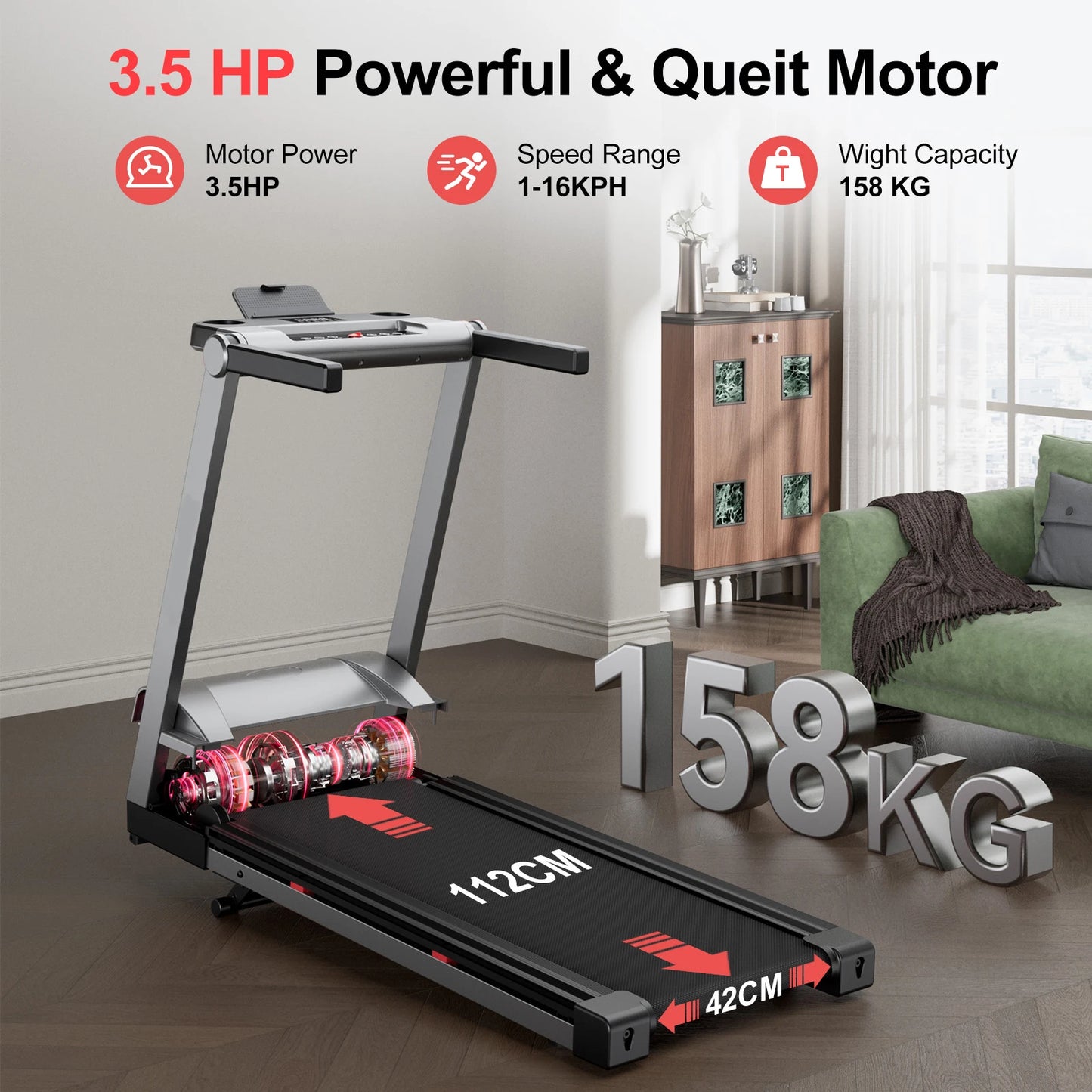 Superun Foldable Incline Treadmill With Touch Screen App 350LBS
