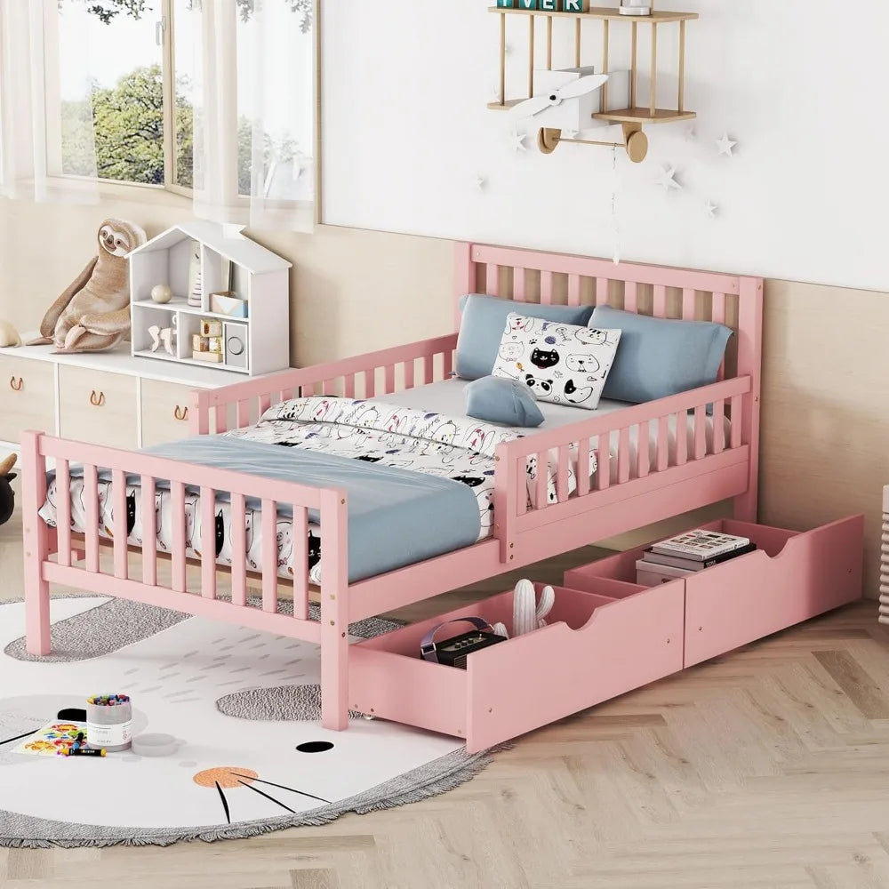 Kids Bed Frame With Guardrails And Drawers Storage Unit
