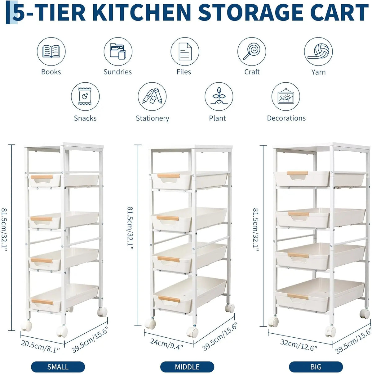 HiMISS Rolling Storage Cart With Wooden Top Pullout Baskets
