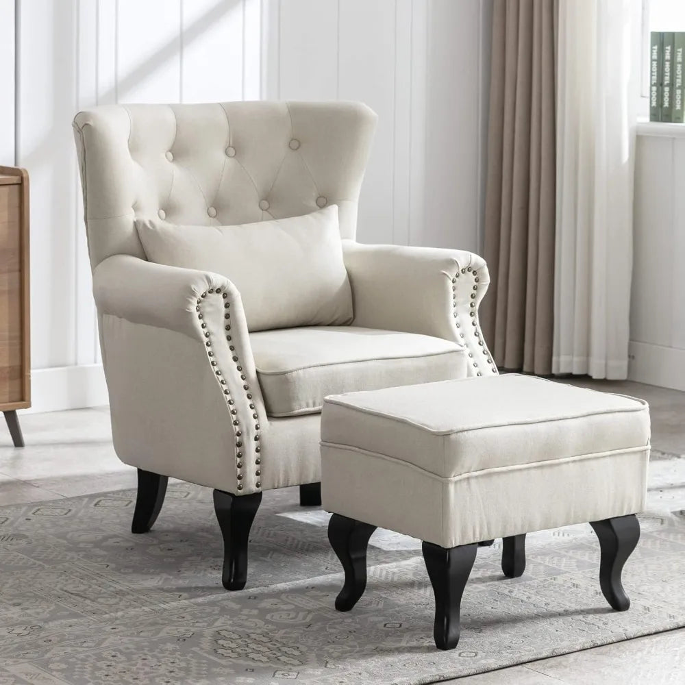 General Chair With Ottoman Wingback Tufted Linen Armchair