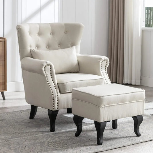 General Chair With Ottoman Wingback Tufted Linen Armchair