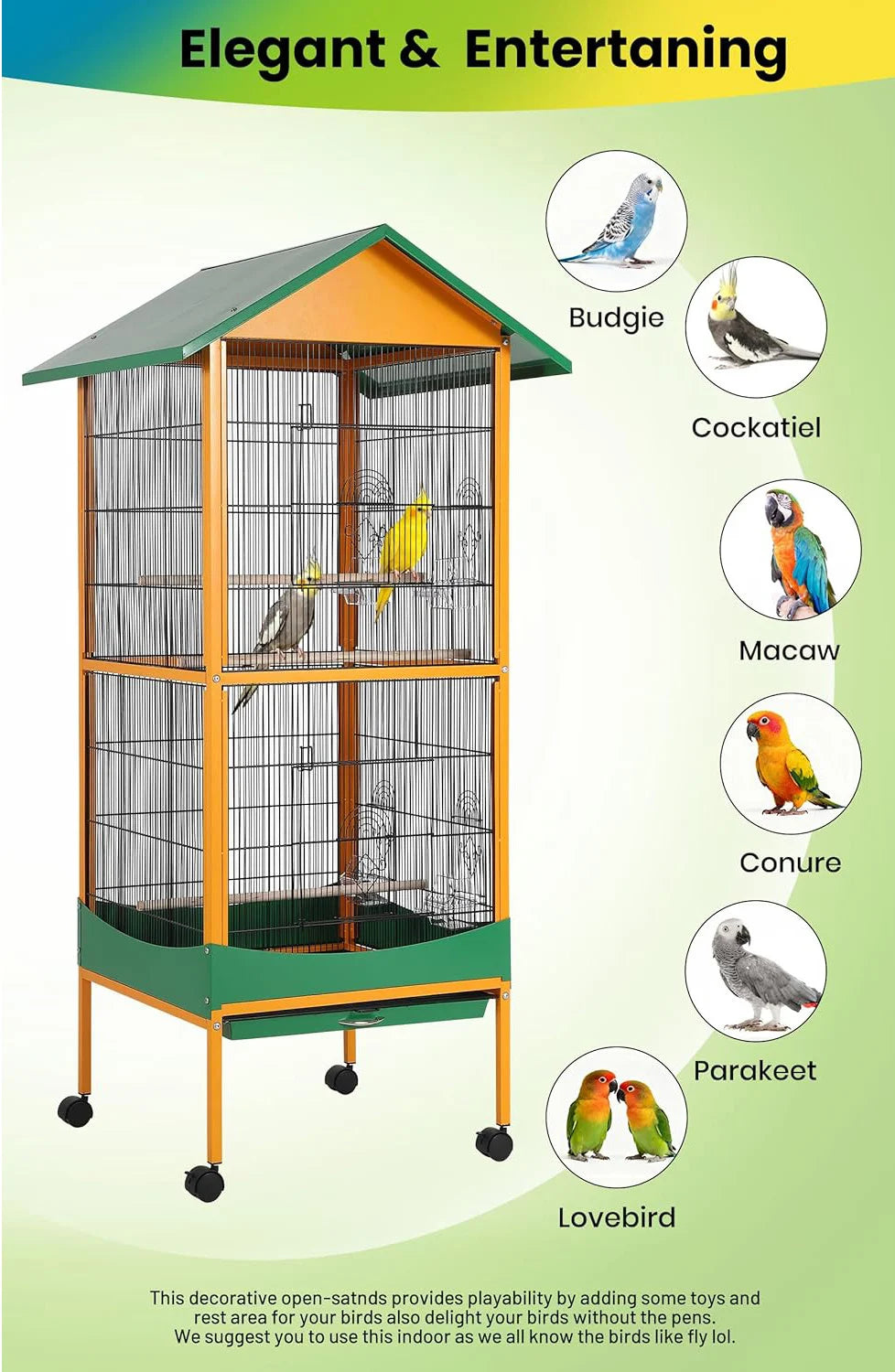 HiMISSCN Wrought Iron Parrot Cage Roller Play Center