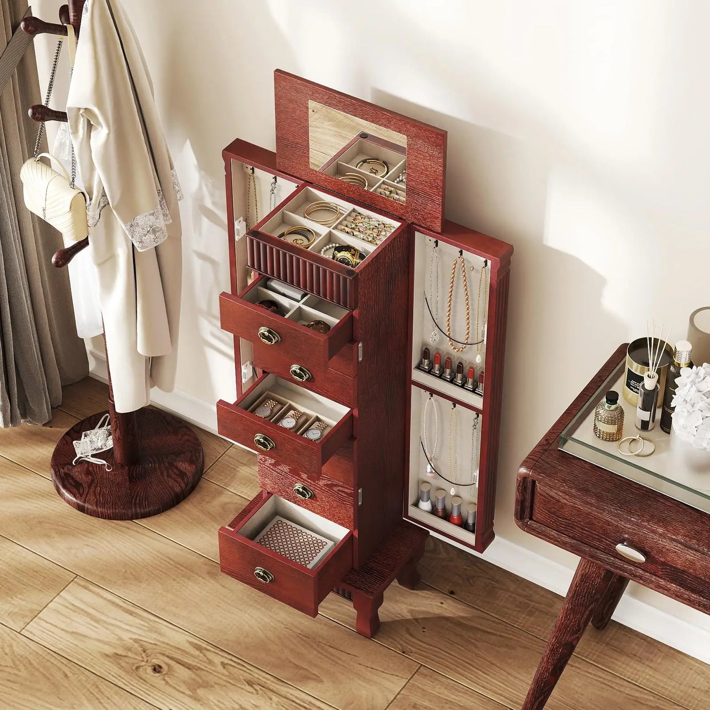 Standing Jewelry Armoire With Mirror Seven Drawers Wooden Cabinet