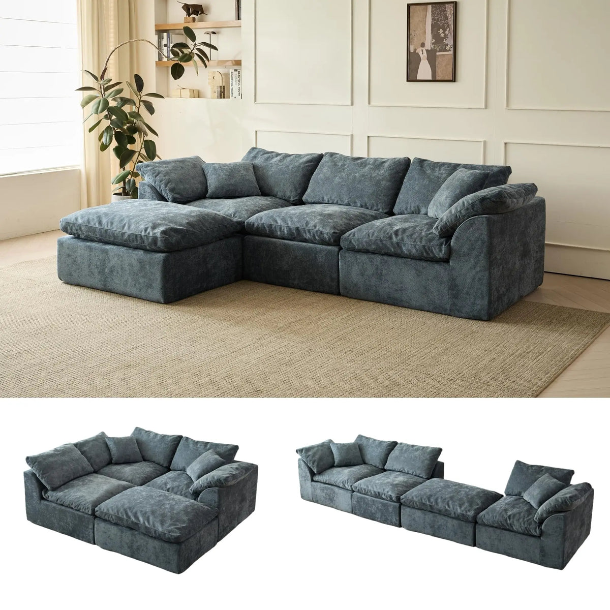 Yeflixvrau Modern Three Seater L Shaped Chenille Sofa
