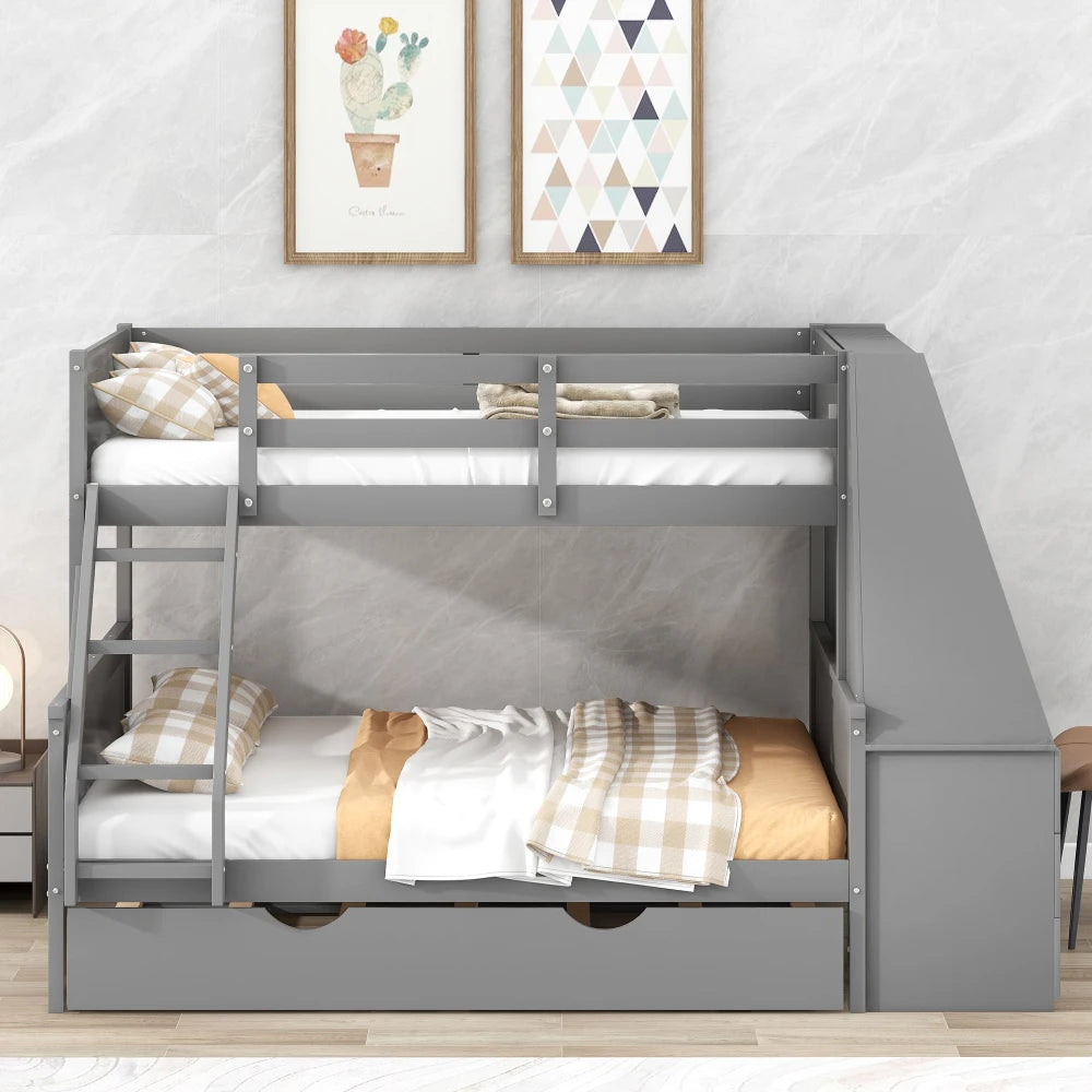 Modern Pine Wood Bunk Bed With Trundle And Built In Desk