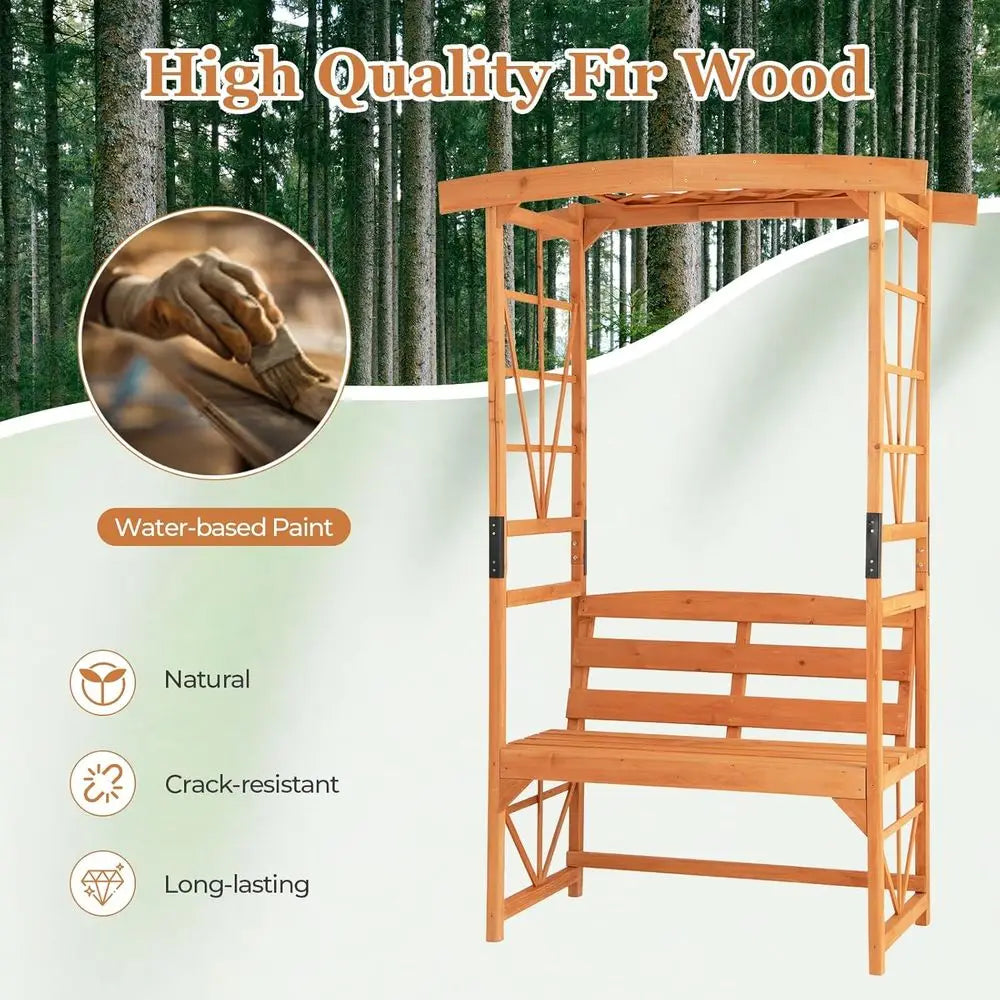 HAPPYGRILL Patio Garden Arbor With Bench Wooden Arch Pergola Trellises