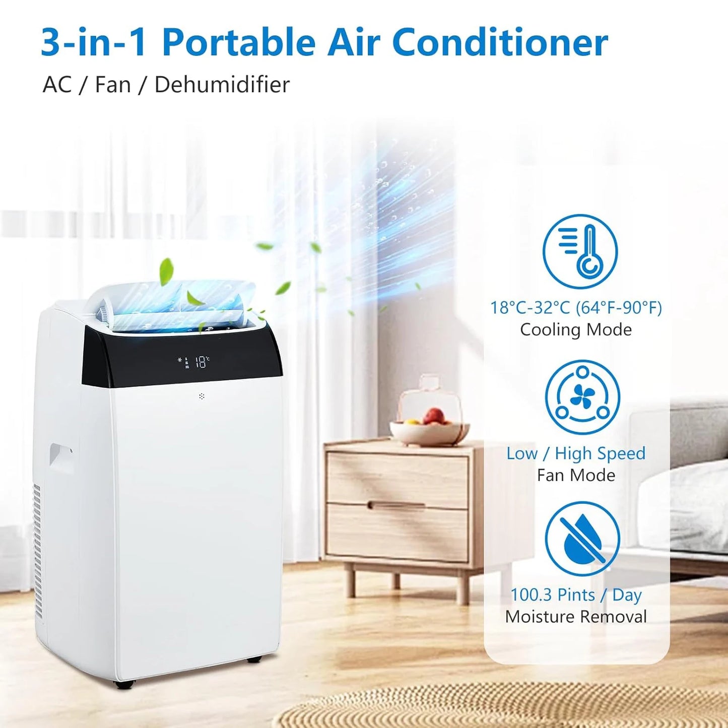Adoolla 14000 BTU Portable Air Conditioner 3-In-1 Remote Control