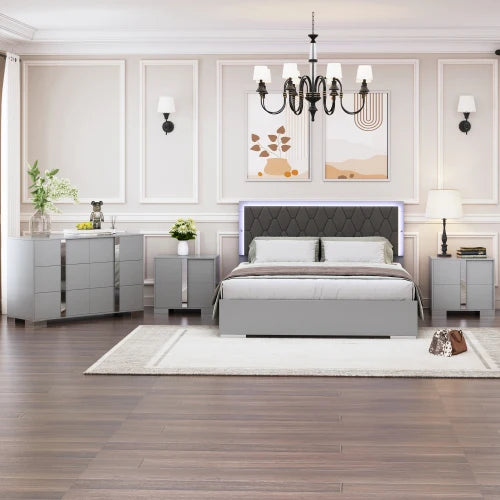 Upholstered Bedroom Set With LED Bed And Mirrored Dresser