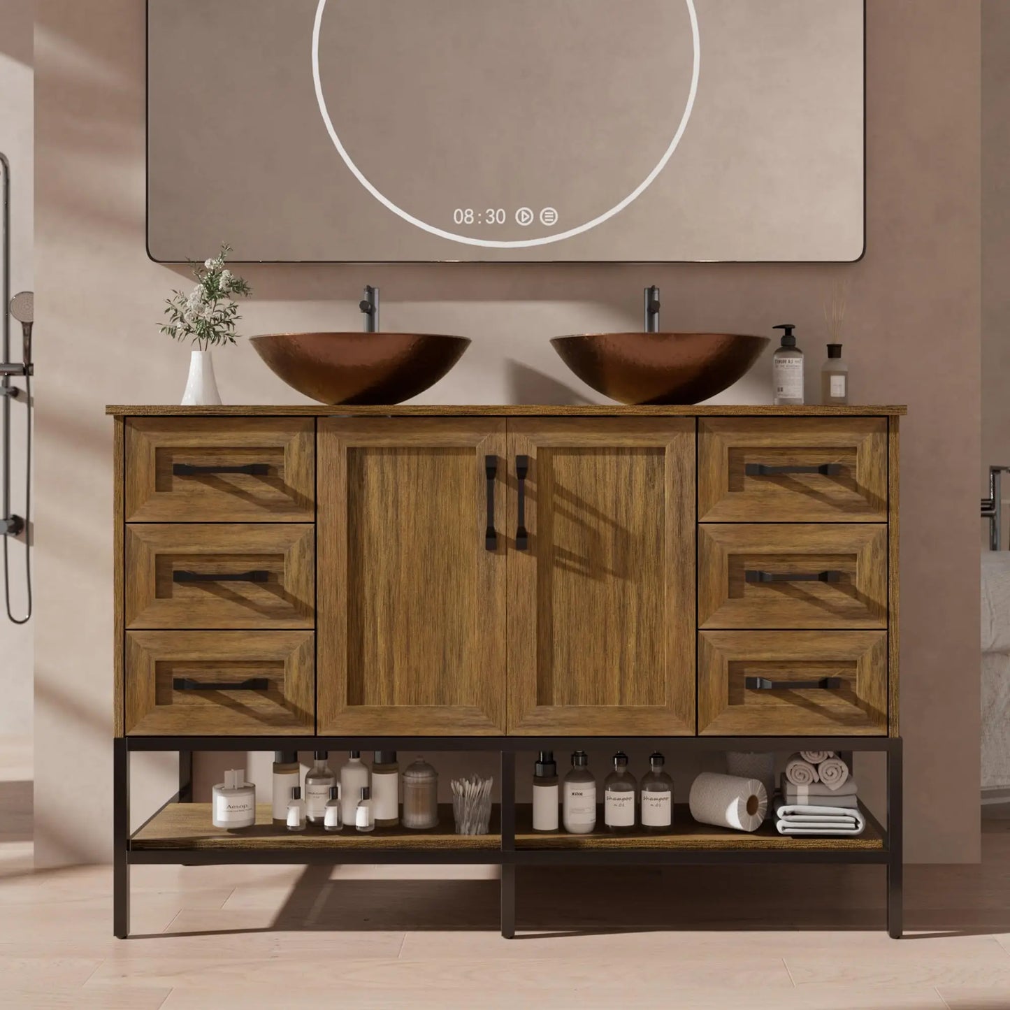 Double Sink Freestanding Bathroom Vanity With Open Shelves