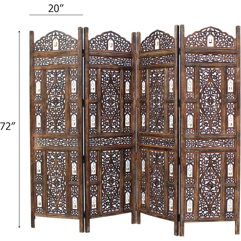 LuxeMerge Room Divider Wood Screen Ghanti Bells Four Panel