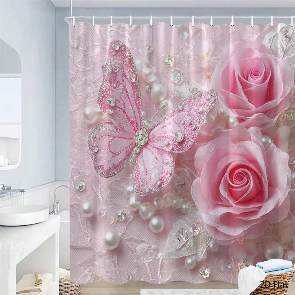 Elegant Butterfly Shower Curtain Bath Mat Set Toilet Seat
