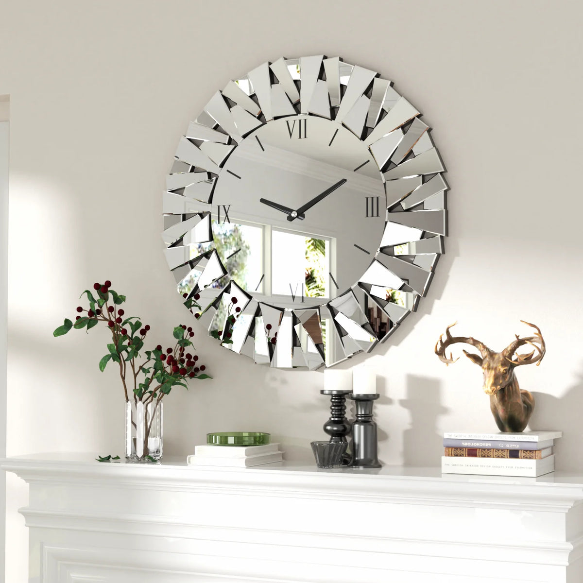 Round Mirrored Wall Clock With Silent Quartz Movement
