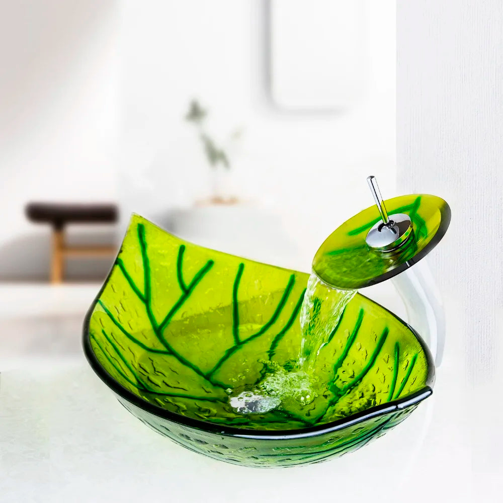 Yanksmart Leaf Style Basin Faucet Set With Tempered Glass