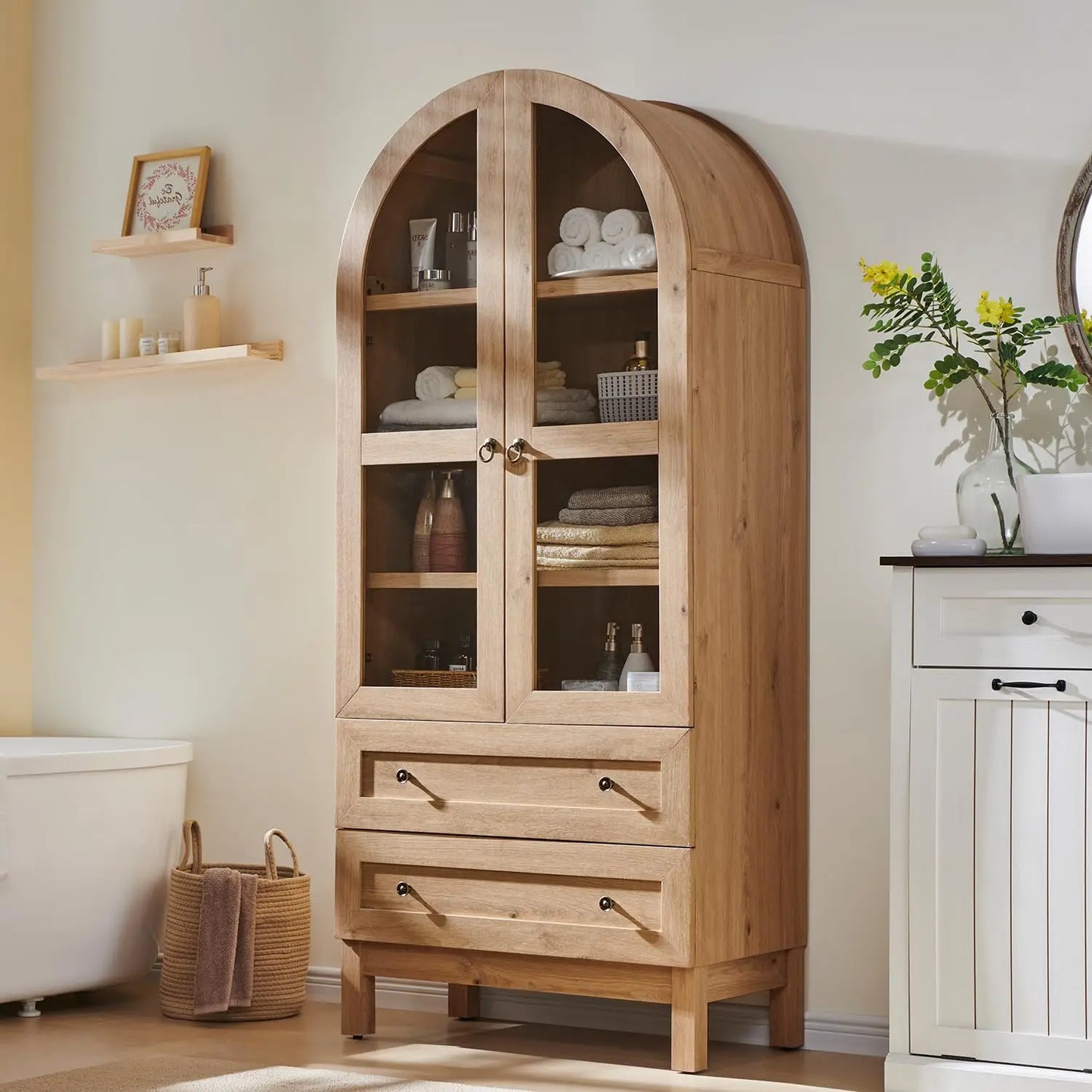 Arched Bathroom Storage Cabinet With 4-Tier Shelves And Drawers