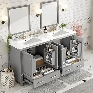 RBXC Solid Wood Bathroom Vanity With Double Sink And Storage