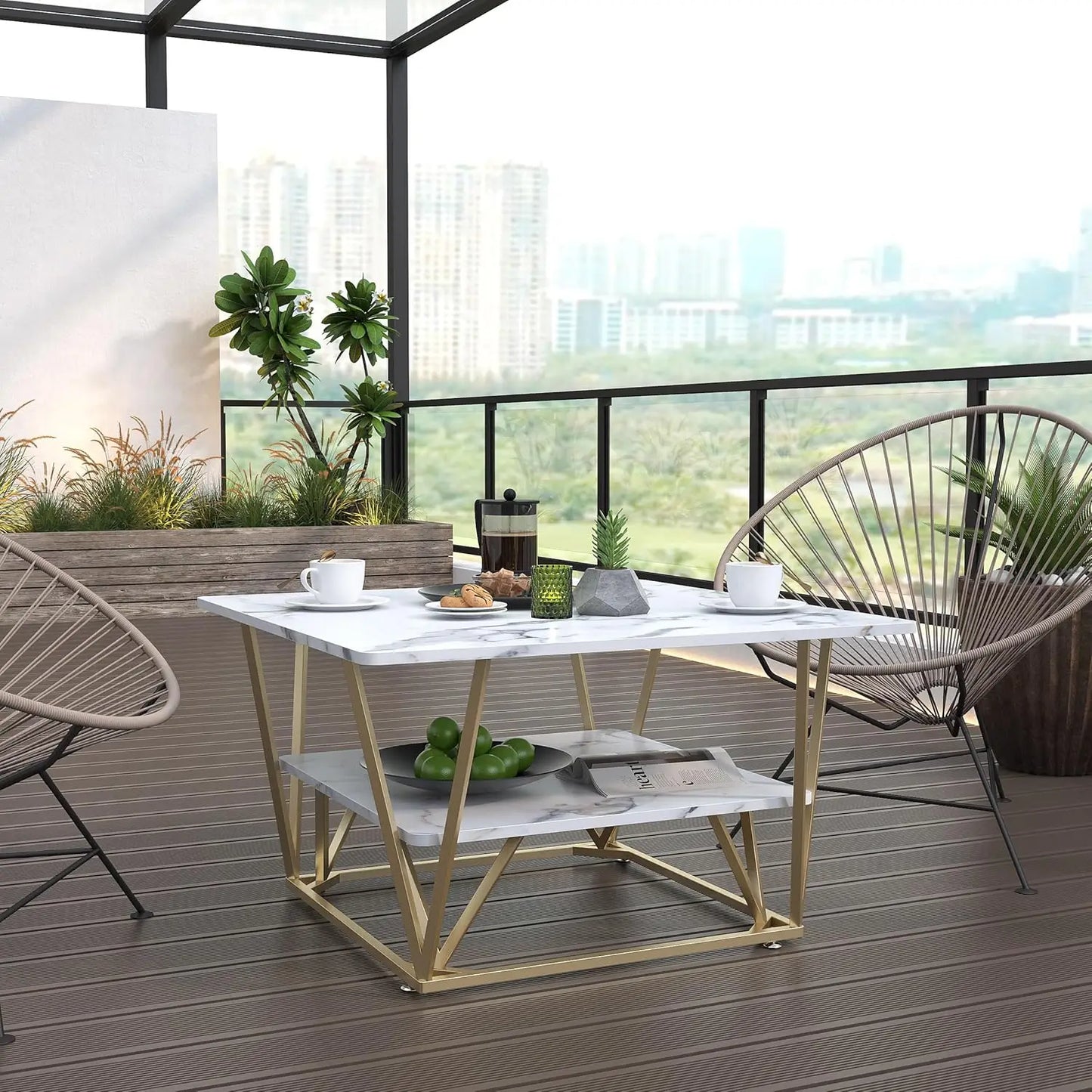MERRONIX Square Coffee Table Modern Two-Tier Frame