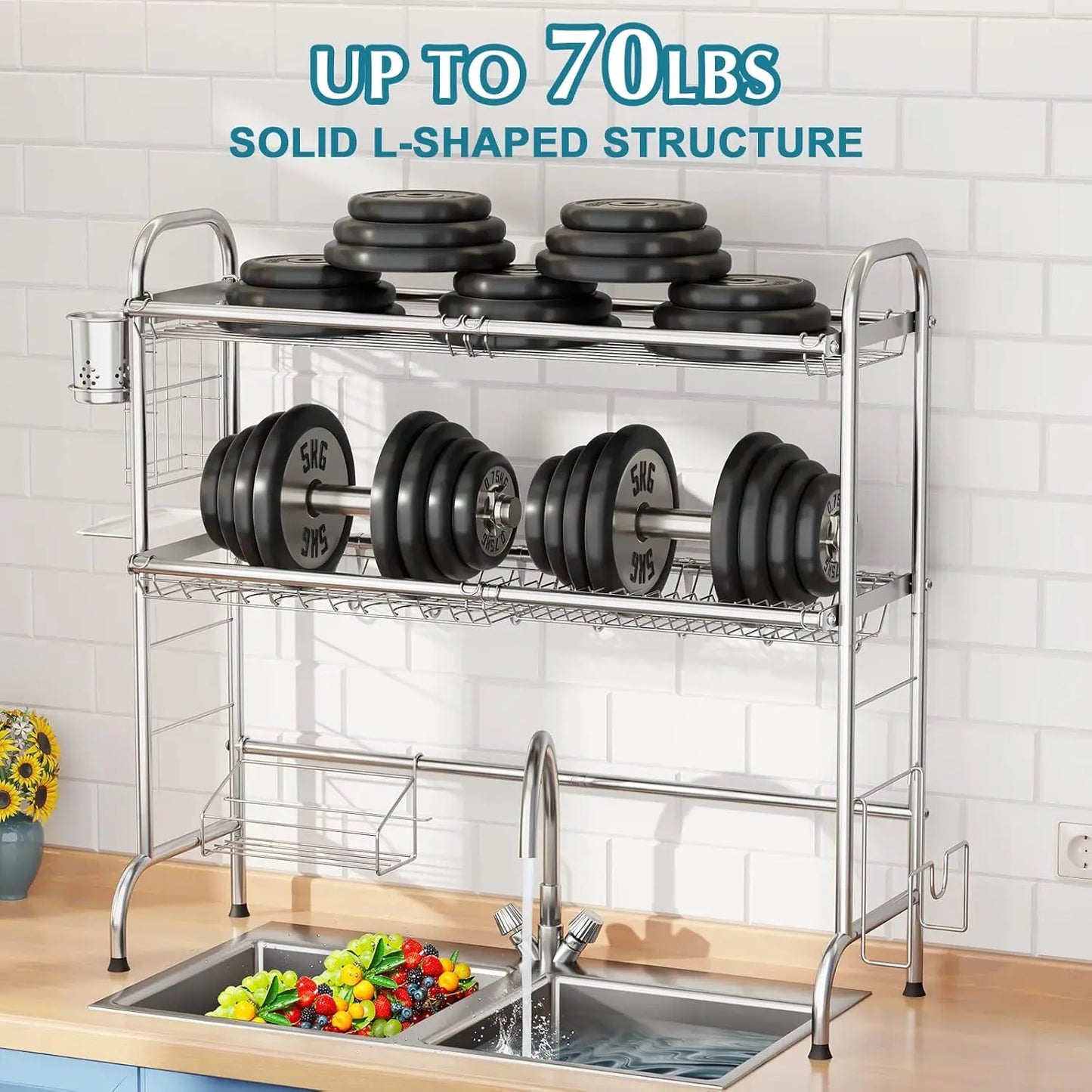 Stainless Steel Over Sink Dish Rack With Utensil Holder