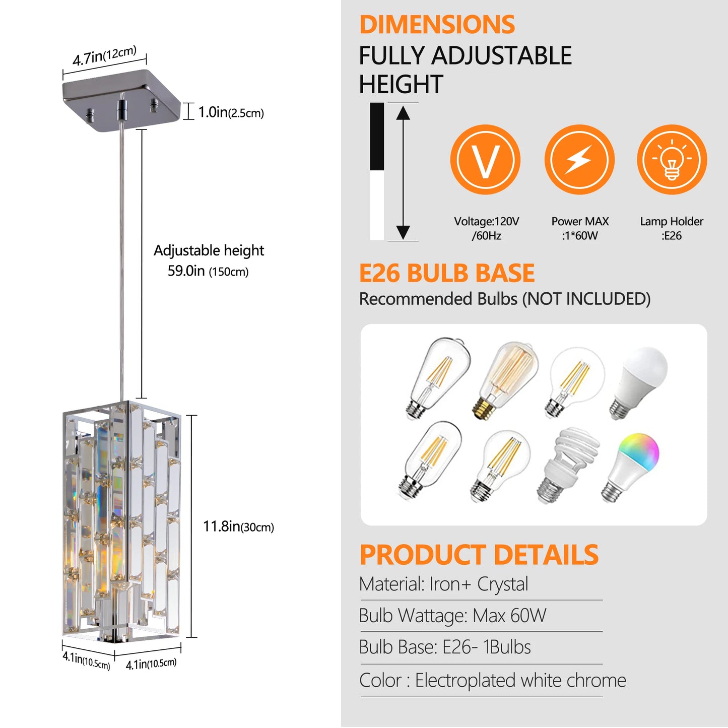 Modern Crystal Pendant Light 3 Pack Adjustable Ceiling Lamp Chrome Finish