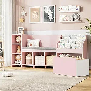 HOSTACK 67 Inch Kids Reading Nook with Bench Bookshelf and Storage Cubbies