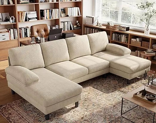 Corduroy U Shaped Sectional Sofa With Sleepable Armrests
