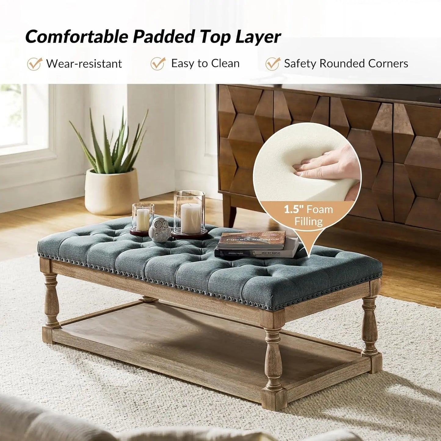 Rectangle Ottoman Coffee Table With Tray And Tufted Wood Storage Shelf
