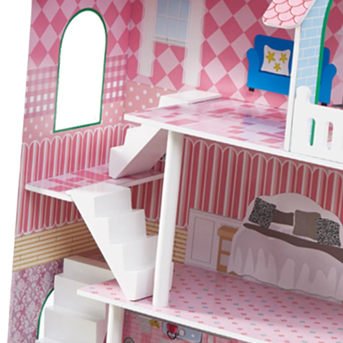 Three Tier Wooden Dollhouse With Furniture Playset For Kids