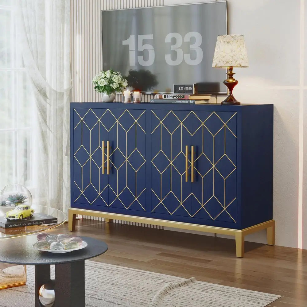 Accent Cabinet With Gold Trim Four Doors And Shelves