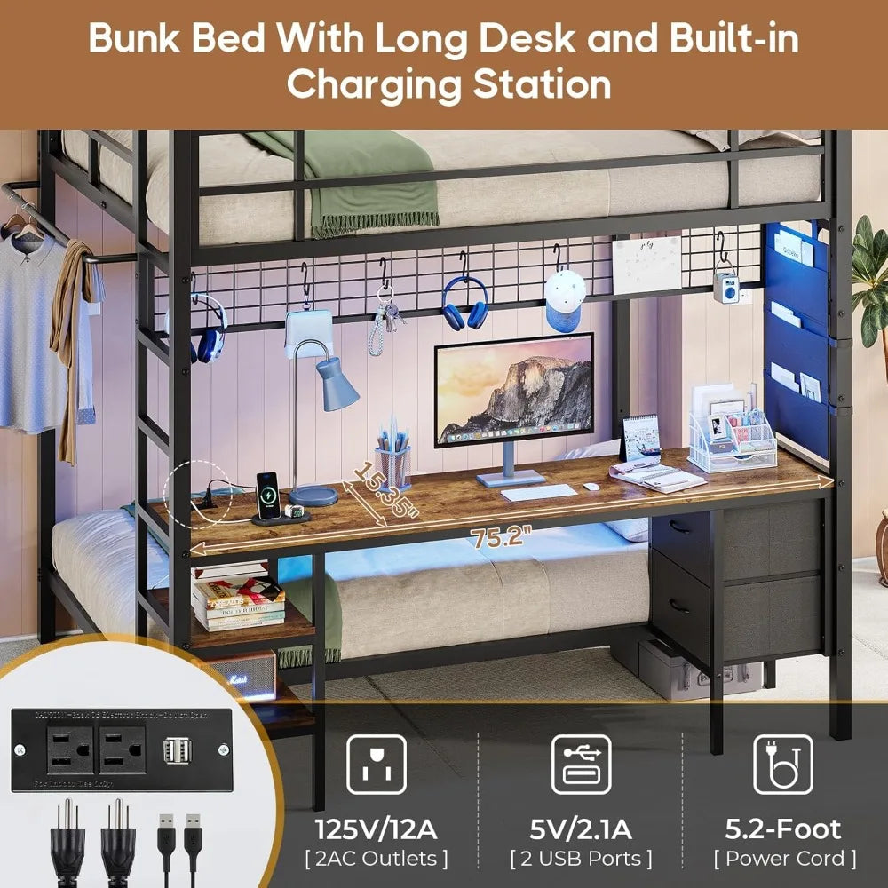 XIAOLANG Metal Bunk Bed With Desk And Charging Station