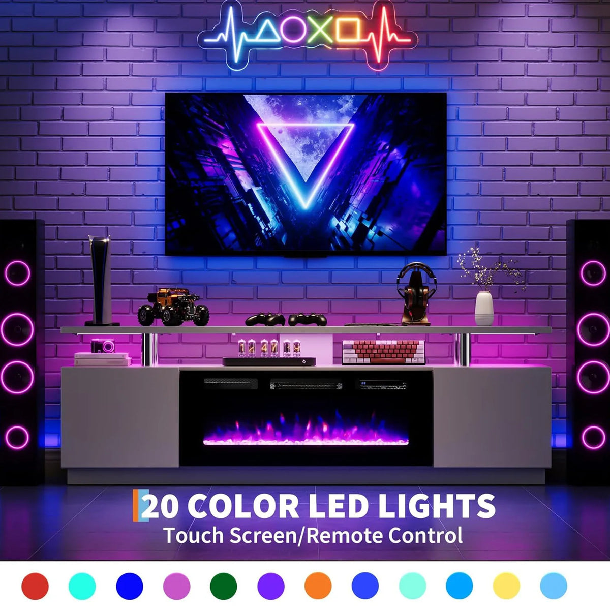 Adoolla Fireplace TV Stand With Electric Heater LED Lights And Storage