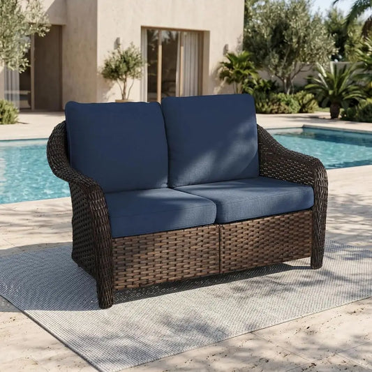 Outdoor Patio Rattan Loveseat With Thick Comfortable Cushions
