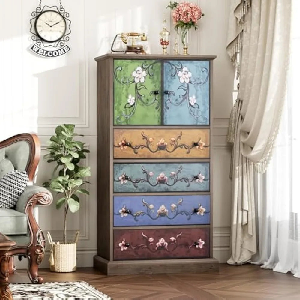 50 Inch Tall Boho Vintage Dresser with 4 Drawers and 2 Doors for Home Storage