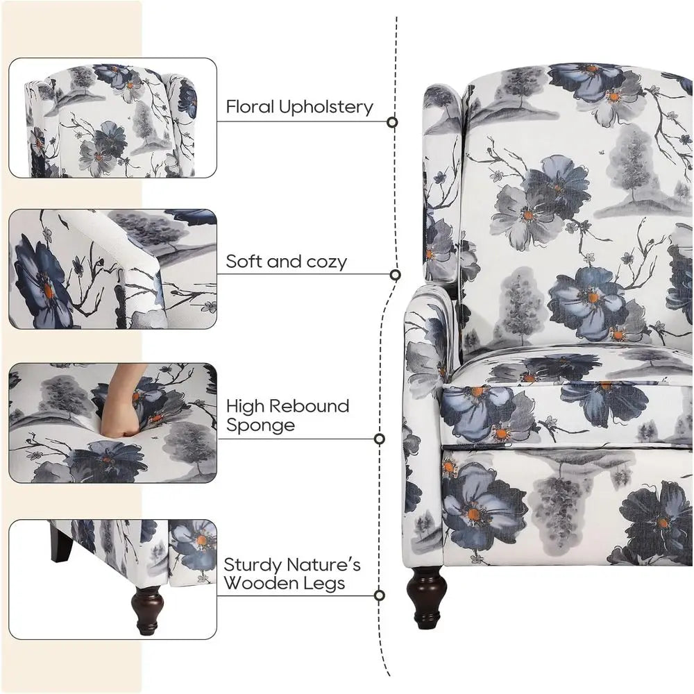 Wingback Upholstered Recliner Chair Manual Push Back for Living Room