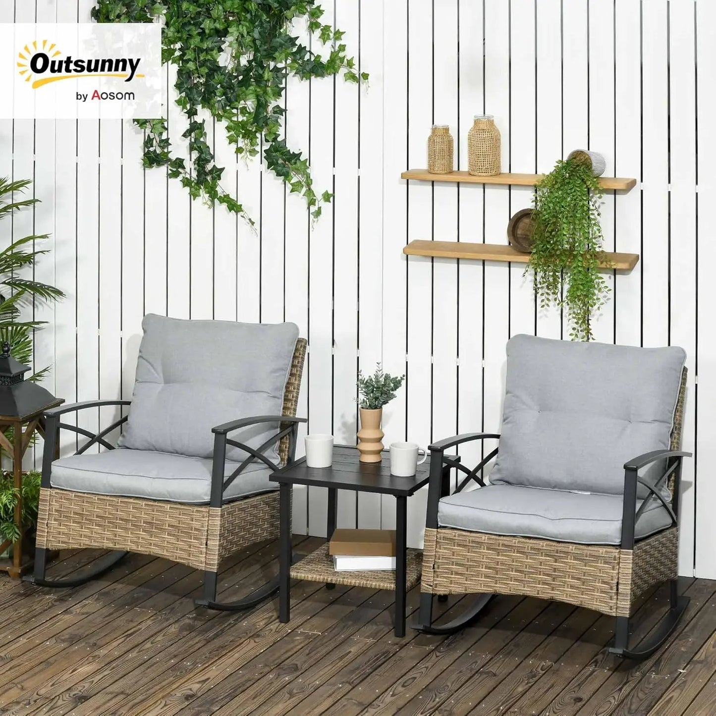XIAOLANG 3 Piece Patio Rocking Chair Set Outdoor Wicker Bistro