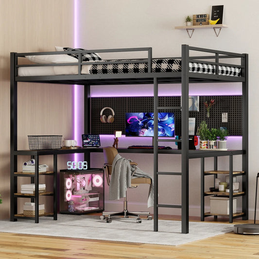 Hign Concerned Metal Loft Bed With Desk And Shelves
