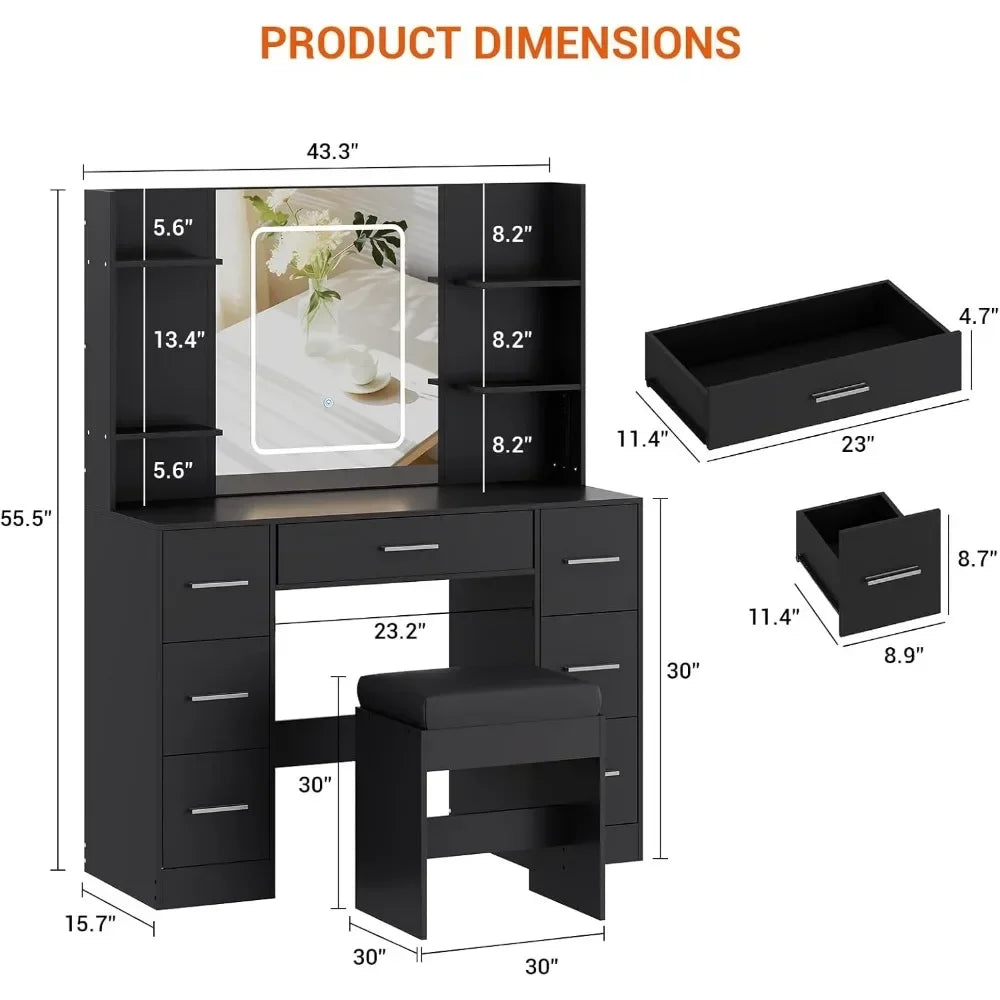 Vanity Table with Large Mirror and Adjustable LED Lighting and Chair