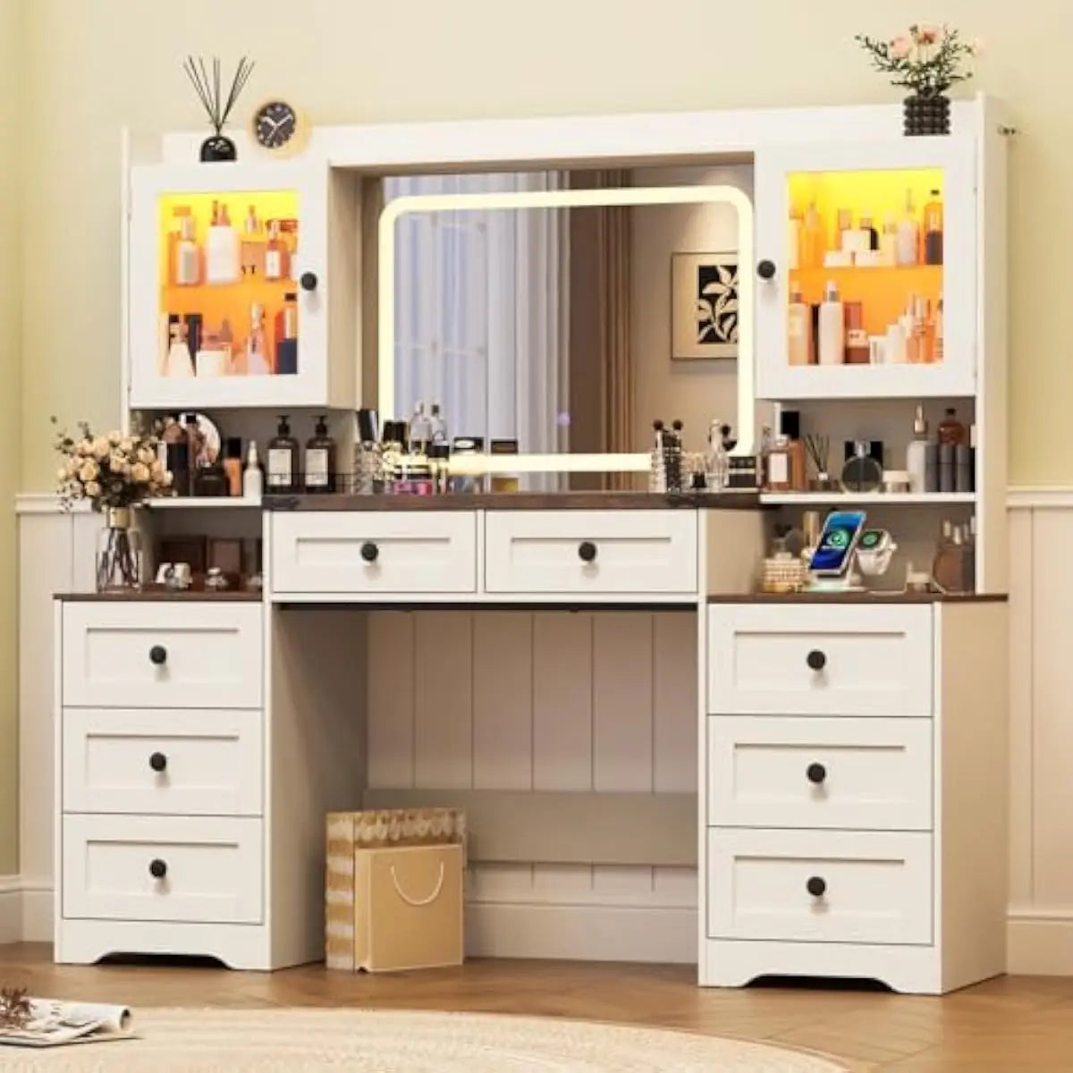 Rustic Farmhouse Vanity Desk With LED Mirror And Drawers